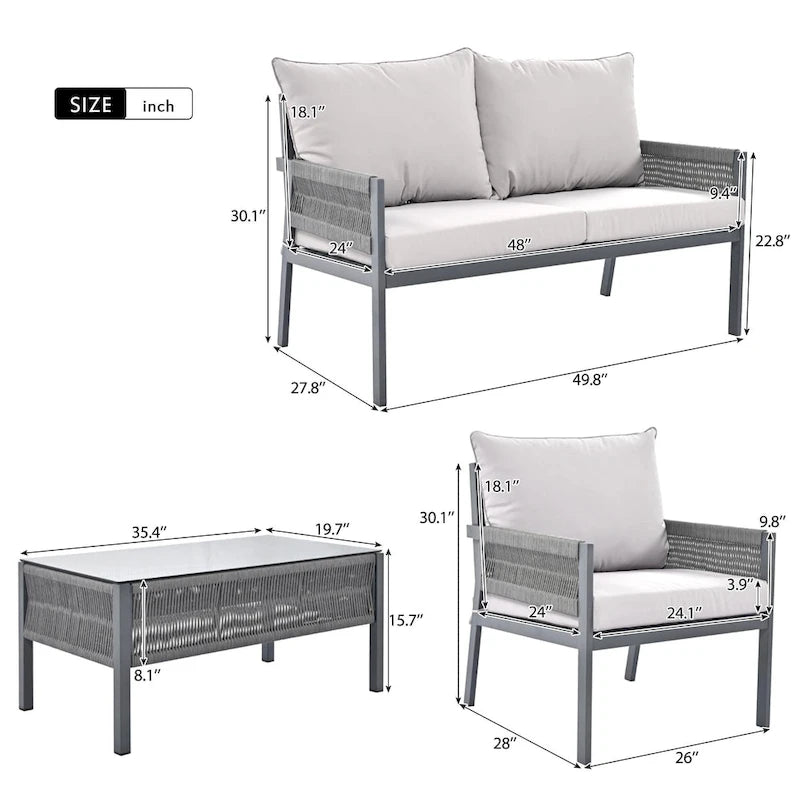 K&K 4-Piece Rope Patio Patio Conversation Set Deep Seating with Thick Cushion