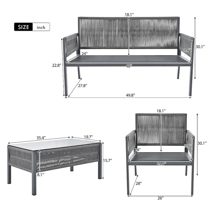 K&K 4-Piece Rope Patio Patio Conversation Set Deep Seating with Thick Cushion