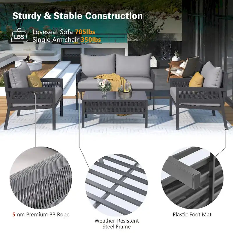 K&K 4-Piece Rope Patio Patio Conversation Set Deep Seating with Thick Cushion