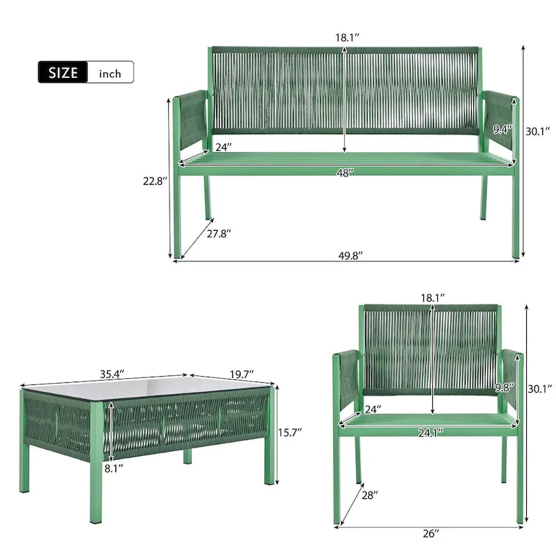 K&K 4-Piece Rope Patio Patio Conversation Set Deep Seating with Thick Cushion
