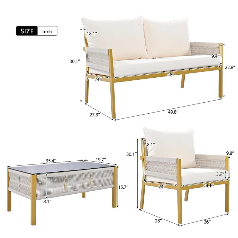 K&K 4-Piece Rope Patio Patio Conversation Set Deep Seating with Thick Cushion