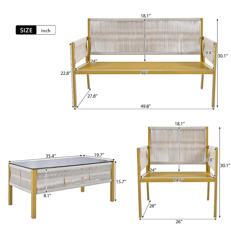 K&K 4-Piece Rope Patio Patio Conversation Set Deep Seating with Thick Cushion