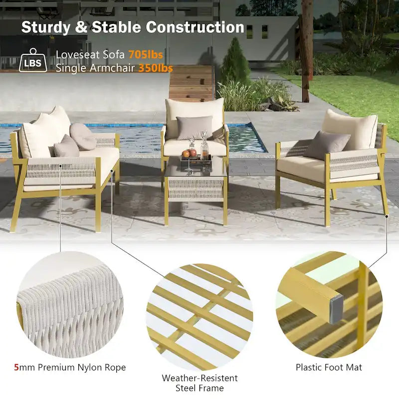 K&K 4-Piece Rope Patio Patio Conversation Set Deep Seating with Thick Cushion