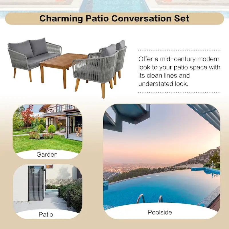 TREXM 4-Piece Patio Conversation Set, Solid Wood Loveseat, 2 Chairs and Table