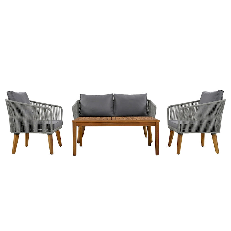 TREXM 4-Piece Patio Conversation Set, Solid Wood Loveseat, 2 Chairs and Table