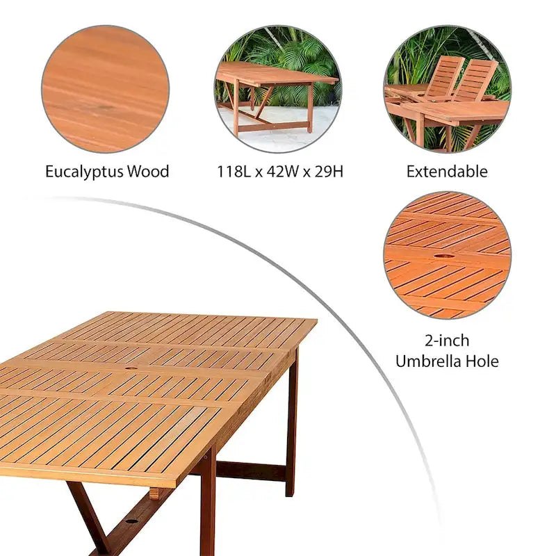 Amazonia Brown Rectangular Eucalyptus Wood Outdoor Dining Table with Extension - 79 in. L x 42 in. W x 30 in. H