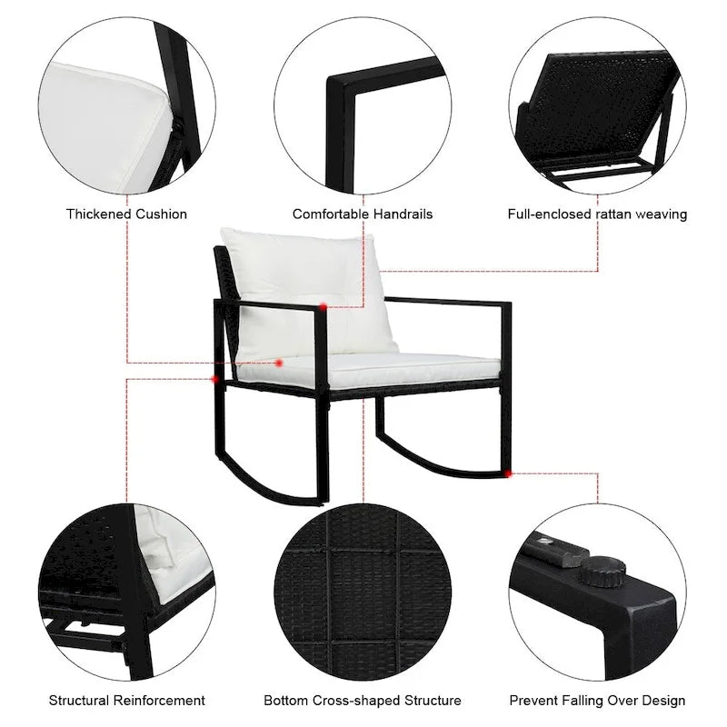 2Pcs Single Rocking Chair and 1Pc Coffee Table Iron Frame