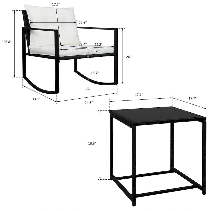 2Pcs Single Rocking Chair and 1Pc Coffee Table Iron Frame