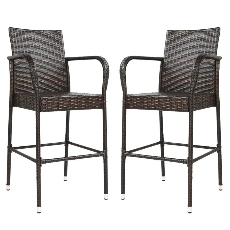Outdoor 2-Piece Brown Rattan Bar Stools Wicker High Bar Chairs