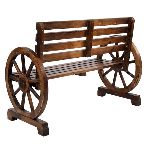 2-Person Wooden Wagon Wheel Bench with Slatted Seat and Backrest