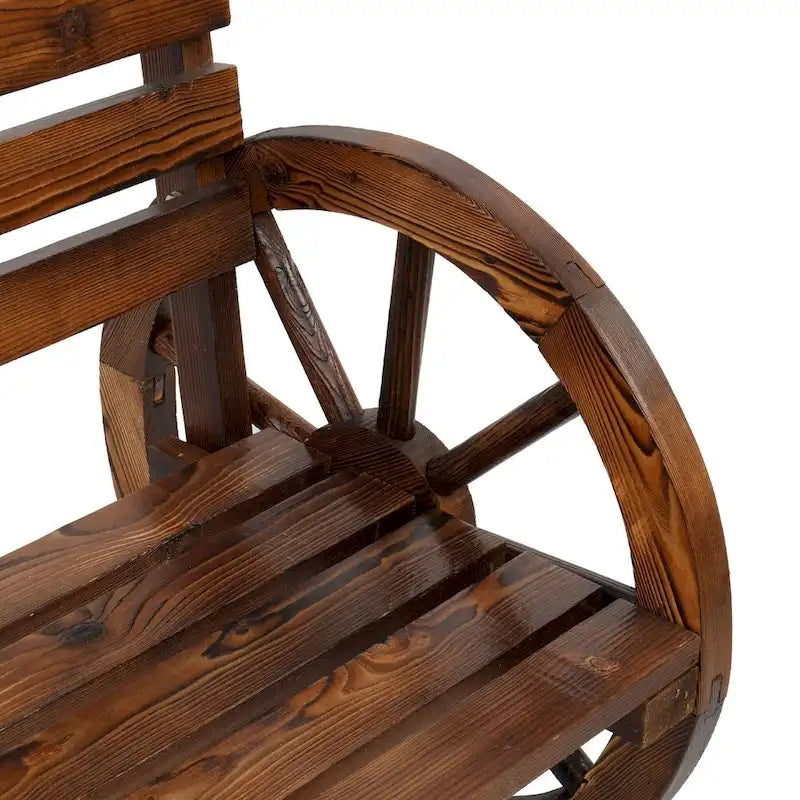 2-Person Wooden Wagon Wheel Bench with Slatted Seat and Backrest