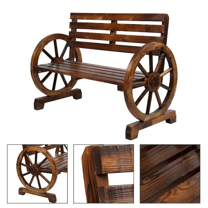 2-Person Wooden Wagon Wheel Bench with Slatted Seat and Backrest