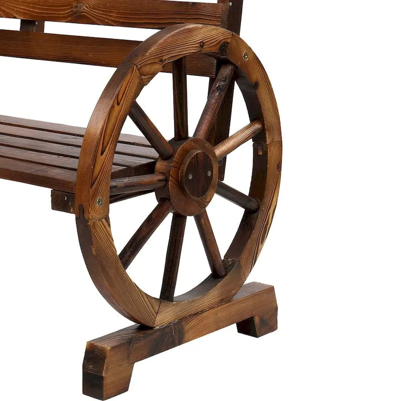 2-Person Wooden Wagon Wheel Bench with Slatted Seat and Backrest