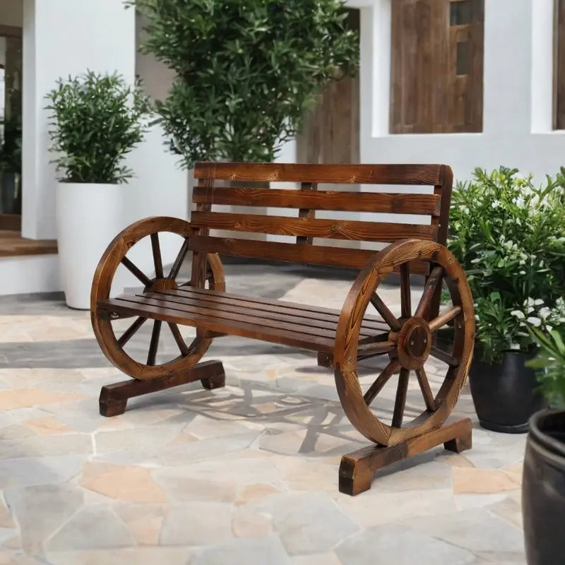 2-Person Wooden Wagon Wheel Bench with Slatted Seat and Backrest