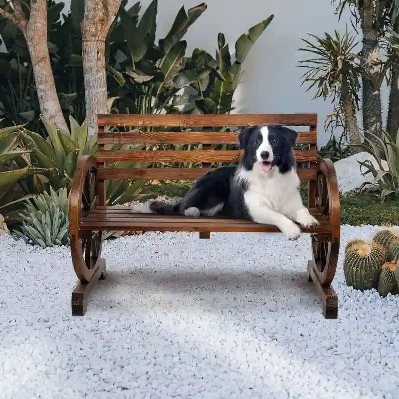 2-Person Wooden Wagon Wheel Bench with Slatted Seat and Backrest