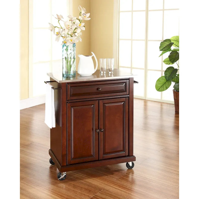 Crosley Vintage Mahogany Finish Stainless Steel Top Portable Kitchen Cart/Island - 18d x 31w x 35.5h