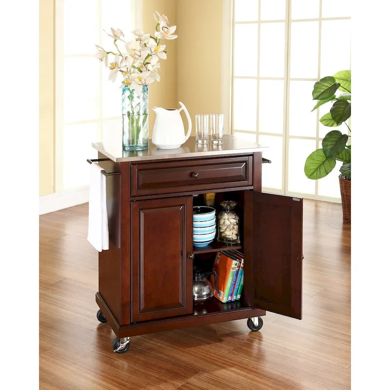 Crosley Vintage Mahogany Finish Stainless Steel Top Portable Kitchen Cart/Island - 18d x 31w x 35.5h
