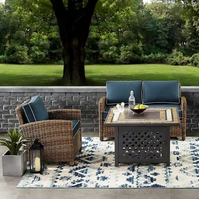 Crosley Bradenton 3 Piece Outdoor Wicker Seating Set With Navy Cushions - 92.63 W x 84.5 D x 32.5 H