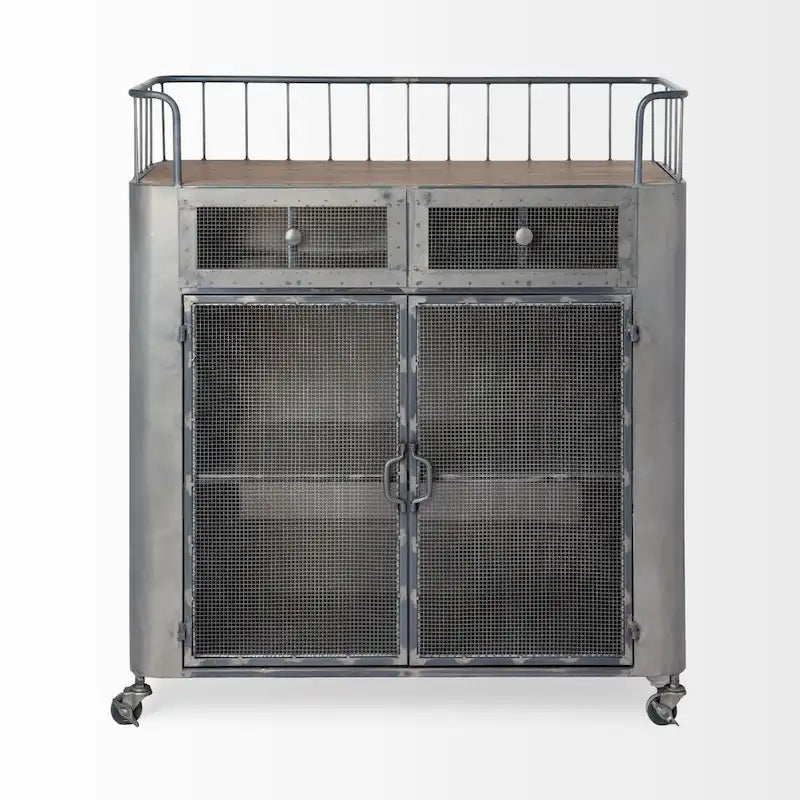 Udo Gray Metal & Brown Wood Top Bar Cart - 16.5L x 35.4W x 40.7H
