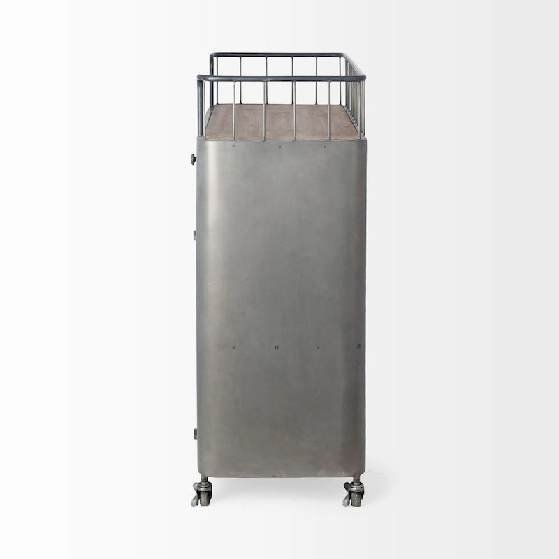 Udo Gray Metal & Brown Wood Top Bar Cart - 16.5L x 35.4W x 40.7H