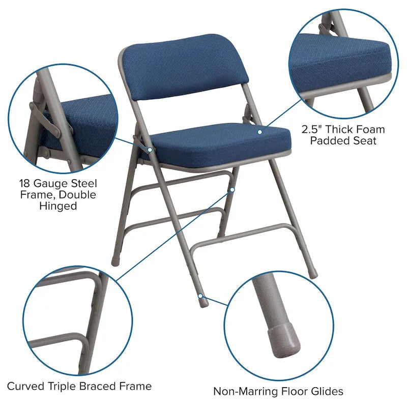 2 Pack Curved Triple Braced & Hinged Fabric Upholstered Metal Folding Chair