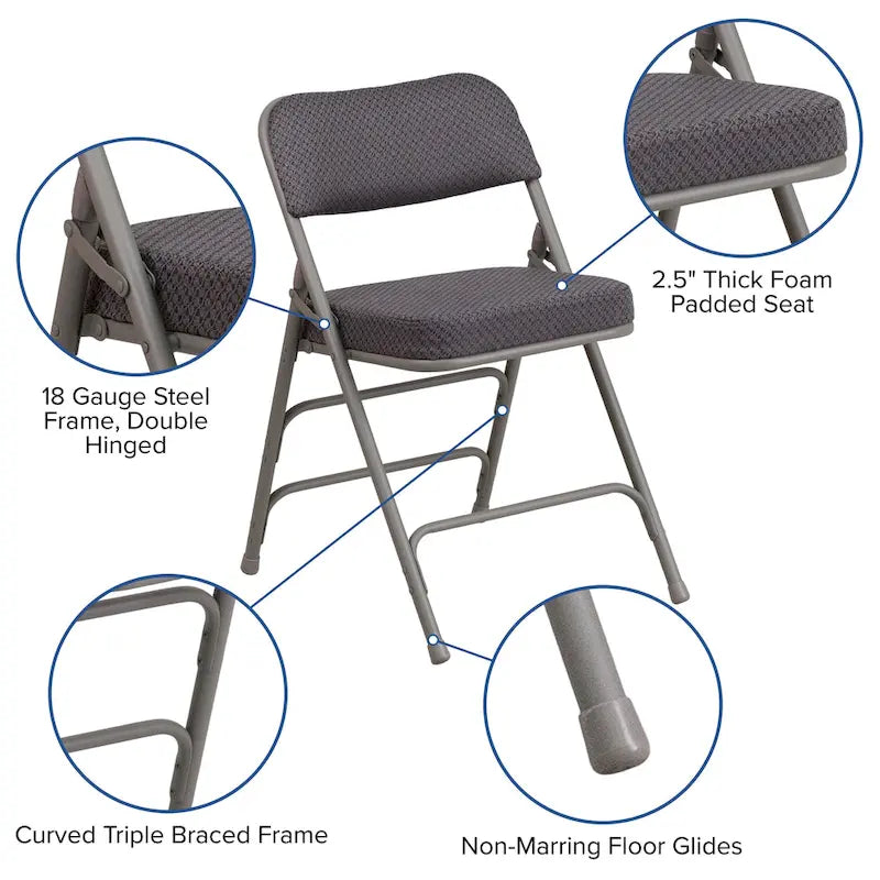 2 Pack Curved Triple Braced & Hinged Fabric Upholstered Metal Folding Chair