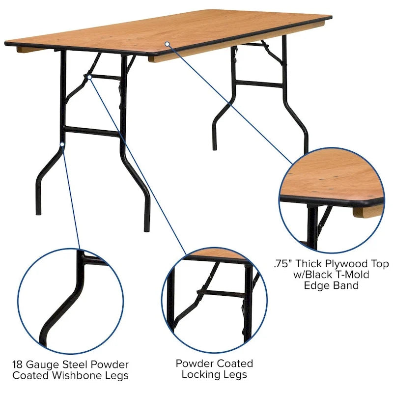 6-Foot Rectangular Wood Folding Banquet Table with Clear Coated Finished Top - 72D x 30W x 30.25H
