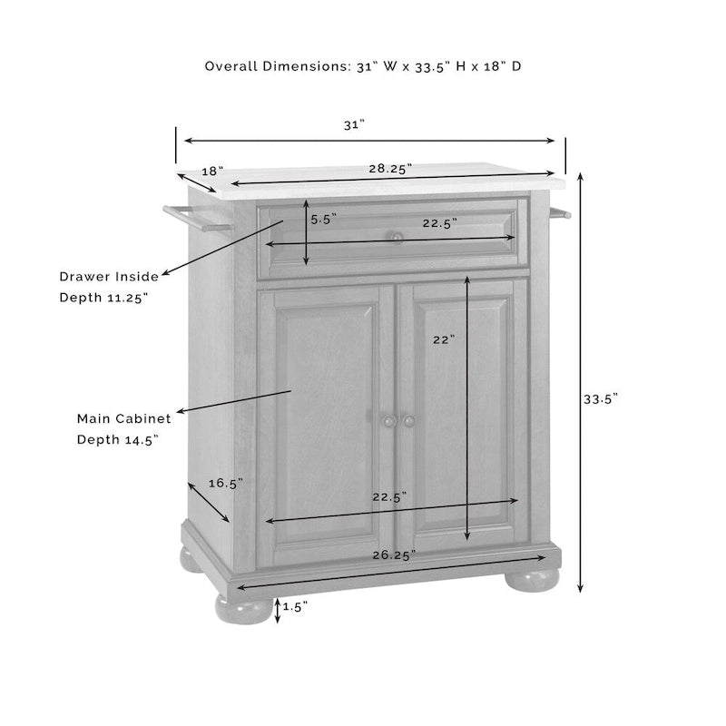 Crosley Alexandria Solid Black Granite Top Portable Kitchen Island in White Finish - 18d x 31w x 33.5h