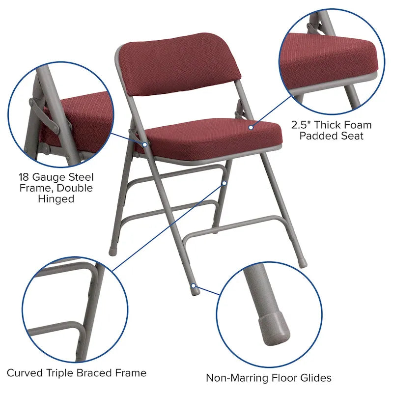 4 Pack Curved Triple Braced & Hinged Fabric Upholstered Metal Folding Chair
