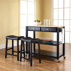 Crosley Black Natural Wood Top Kitchen Cart and Island with Black 24-inch Upholstered Saddle Stools - 17d x 43w x 35h