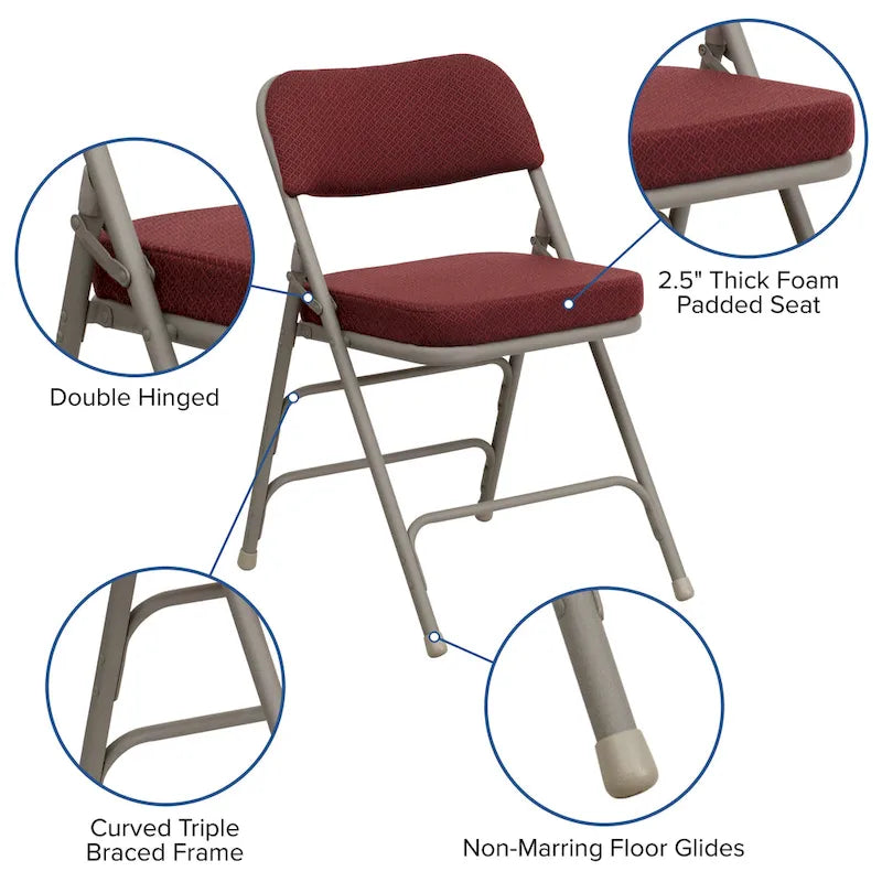 2 Pack Curved Triple Braced & Double Hinged Upholstered Metal Folding Chair