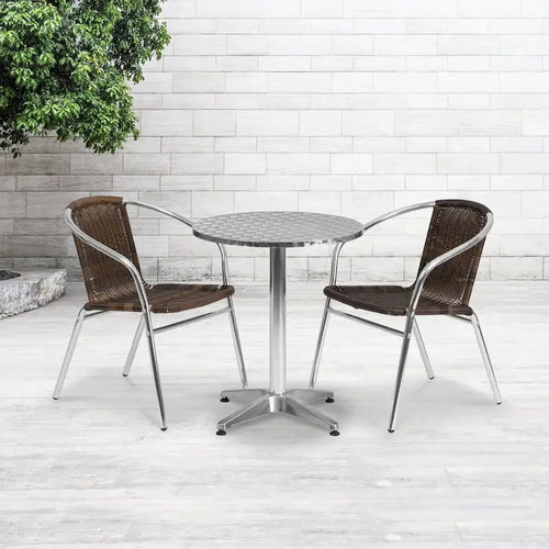 23.5 Round Aluminum Indoor-Outdoor Table Set with 2 Rattan Chairs - 23.5W x 23.5D x 27.5H - 23.5W x 23.5D x 27.5H