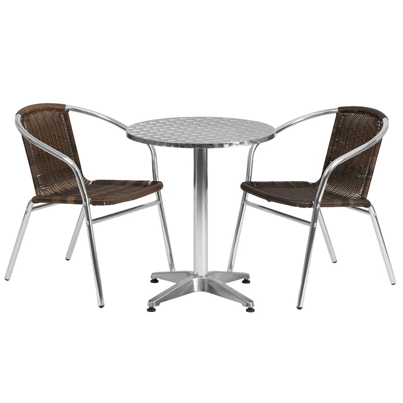 23.5 Round Aluminum Indoor-Outdoor Table Set with 2 Rattan Chairs - 23.5W x 23.5D x 27.5H - 23.5W x 23.5D x 27.5H