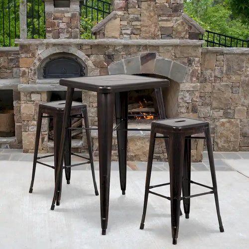 23.75 Square Metal Indoor-Outdoor Bar Table Set with 2 Square Seat Stools - 27.75W x 27.75D x 40H