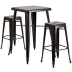 23.75 Square Metal Indoor-Outdoor Bar Table Set with 2 Square Seat Stools - 27.75W x 27.75D x 40H