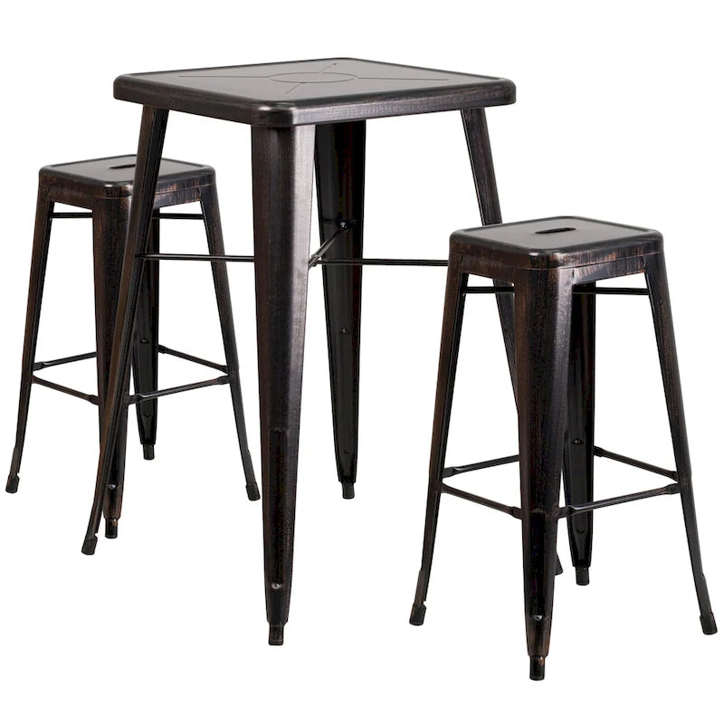 23.75 Square Metal Indoor-Outdoor Bar Table Set with 2 Square Seat Stools - 27.75W x 27.75D x 40H