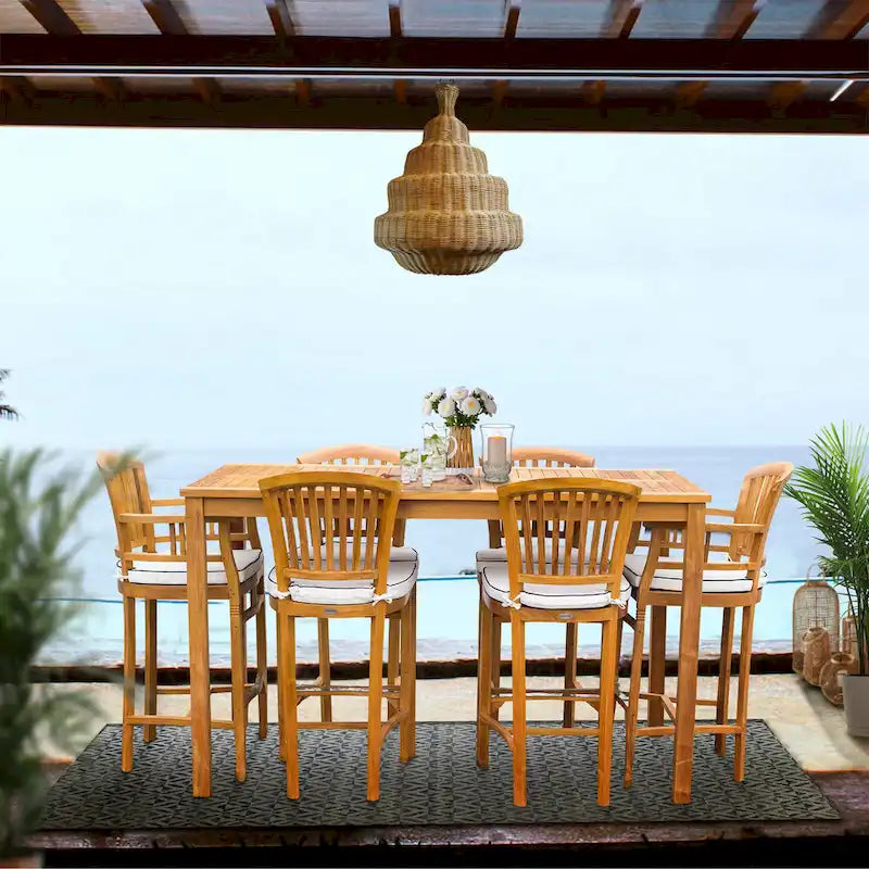 Chic Teak 7 Piece Teak Wood Orleans Patio Bistro Bar Set, 63 Bar Table, 2 Bar Chairs w/ Arms & 4 Armless Bar Chairs