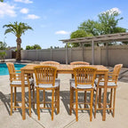 Chic Teak 7 Piece Teak Wood Orleans Patio Bistro Bar Set, 63 Bar Table, 2 Bar Chairs w/ Arms & 4 Armless Bar Chairs