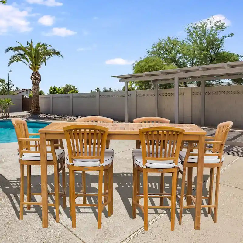 Chic Teak 7 Piece Teak Wood Orleans Patio Bistro Bar Set, 63 Bar Table, 2 Bar Chairs w/ Arms & 4 Armless Bar Chairs
