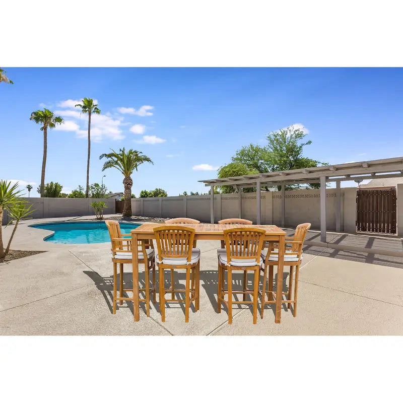 Chic Teak 7 Piece Teak Wood Orleans Patio Bistro Bar Set, 63 Bar Table, 2 Bar Chairs w/ Arms & 4 Armless Bar Chairs