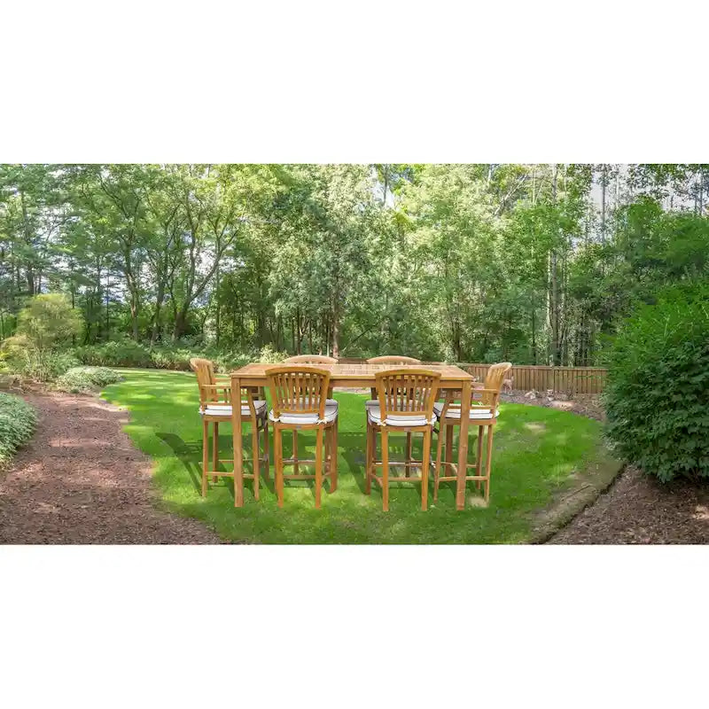 Chic Teak 7 Piece Teak Wood Orleans Patio Bistro Bar Set, 63 Bar Table, 2 Bar Chairs w/ Arms & 4 Armless Bar Chairs