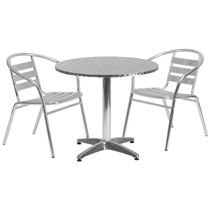 31.5 Round Aluminum Indoor-Outdoor Table Set with 2 Slat Back Chairs