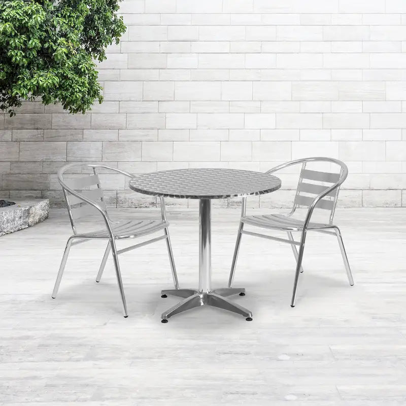 31.5 Round Aluminum Indoor-Outdoor Table Set with 2 Slat Back Chairs