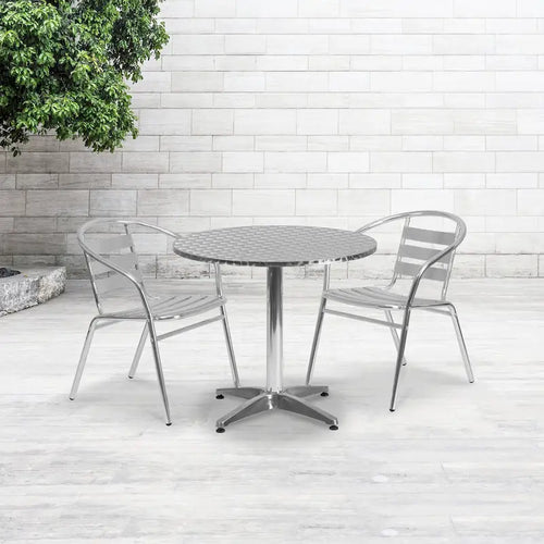31.5 Round Aluminum Indoor-Outdoor Table Set with 2 Slat Back Chairs