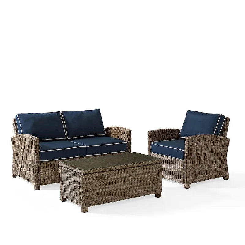 Crosley Bradenton Outdoor Wicker 3-Piece Seating Set with Navy Cushions
