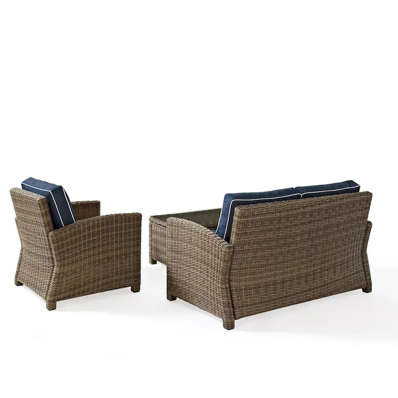 Crosley Bradenton Outdoor Wicker 3-Piece Seating Set with Navy Cushions