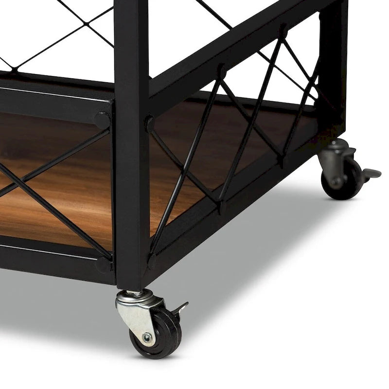 Industrial Oak Brown Bar Cart with Stemware Rack