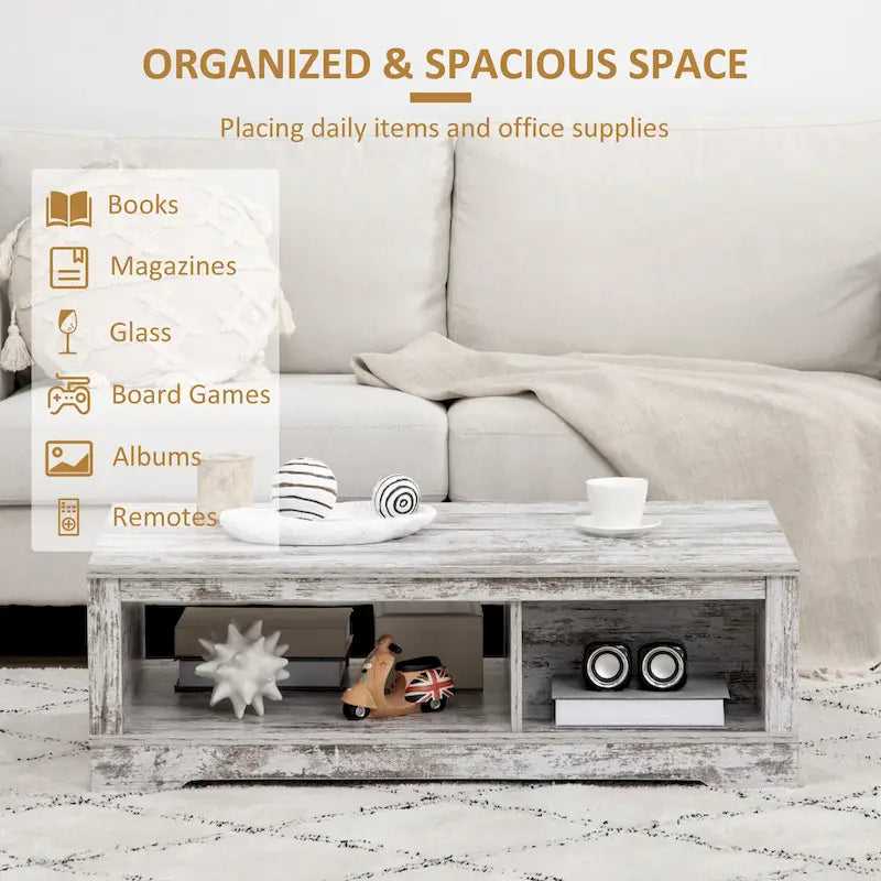 HOMCOM Coffee Table, Vintage Style Tea Table with Cabinet, Open Storage Compartments, Coffee Tables for Living Room, White
