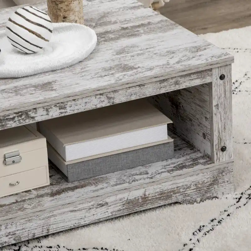 HOMCOM Coffee Table, Vintage Style Tea Table with Cabinet, Open Storage Compartments, Coffee Tables for Living Room, White