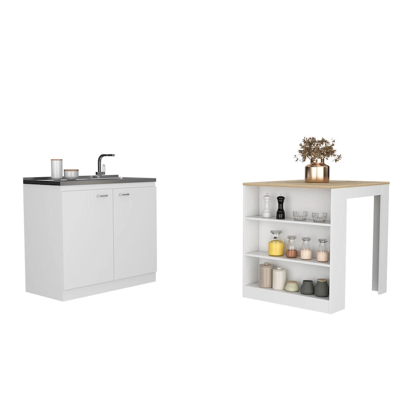 TUHOME Covelo 2-Piece Kitchen Set with Utility Sink Cabinet and Kitchen Island - N/A
